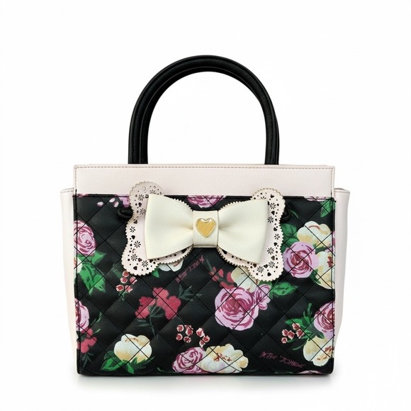 Betsey Johnson Handbags - Betsey Johnson Floral Quilted Satchel Bag Pink Coquette Bow Lace Heart